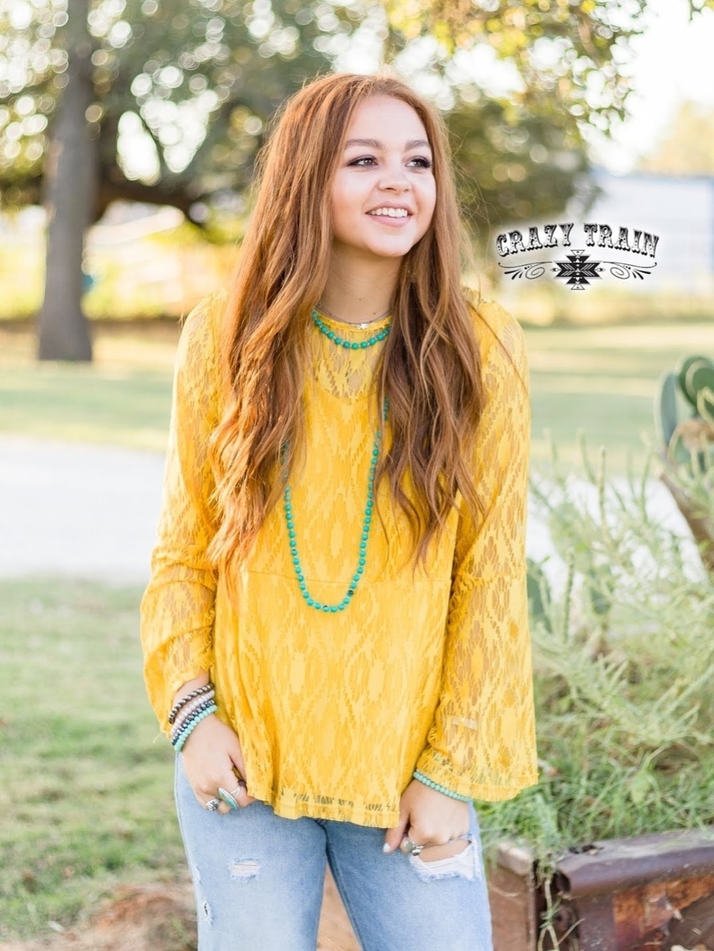 Crazy Train Yellow Lace Bell-Sleeve Tunic Top- Plus